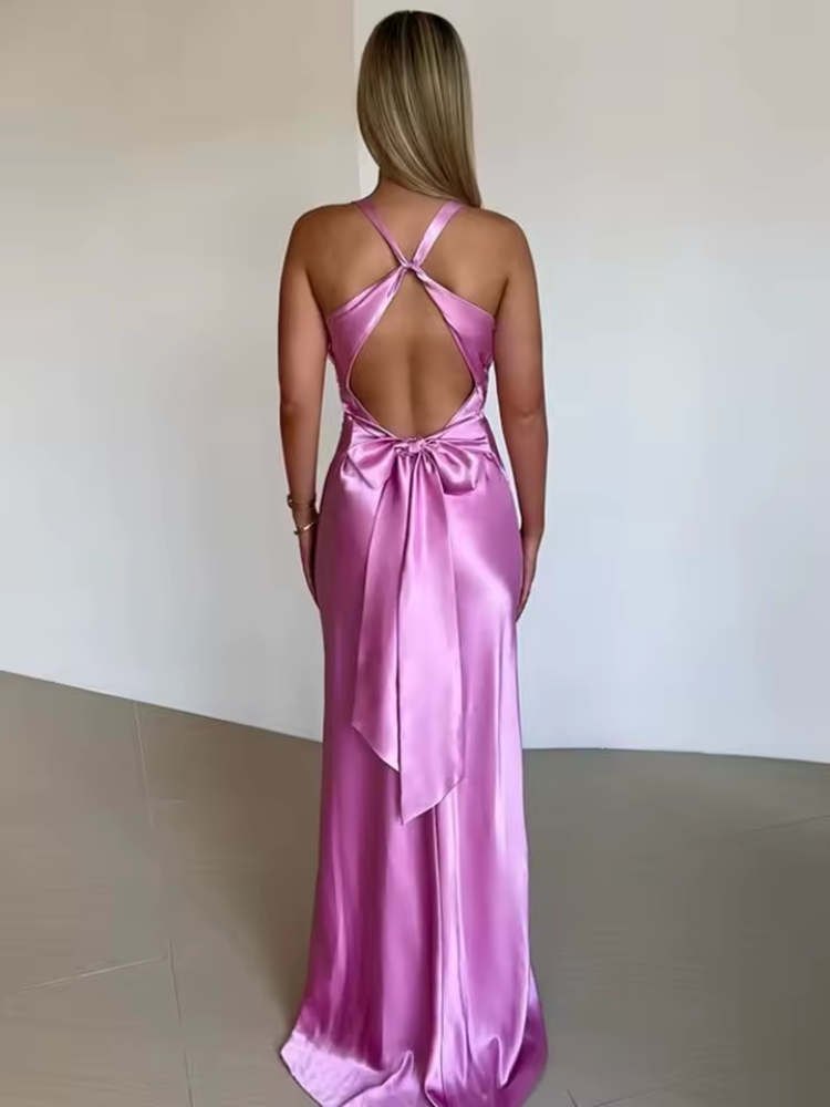 Women's sleeveless party maxi dress, flowing and elegant, available in purple, red, rose red, and yellow for special occasion