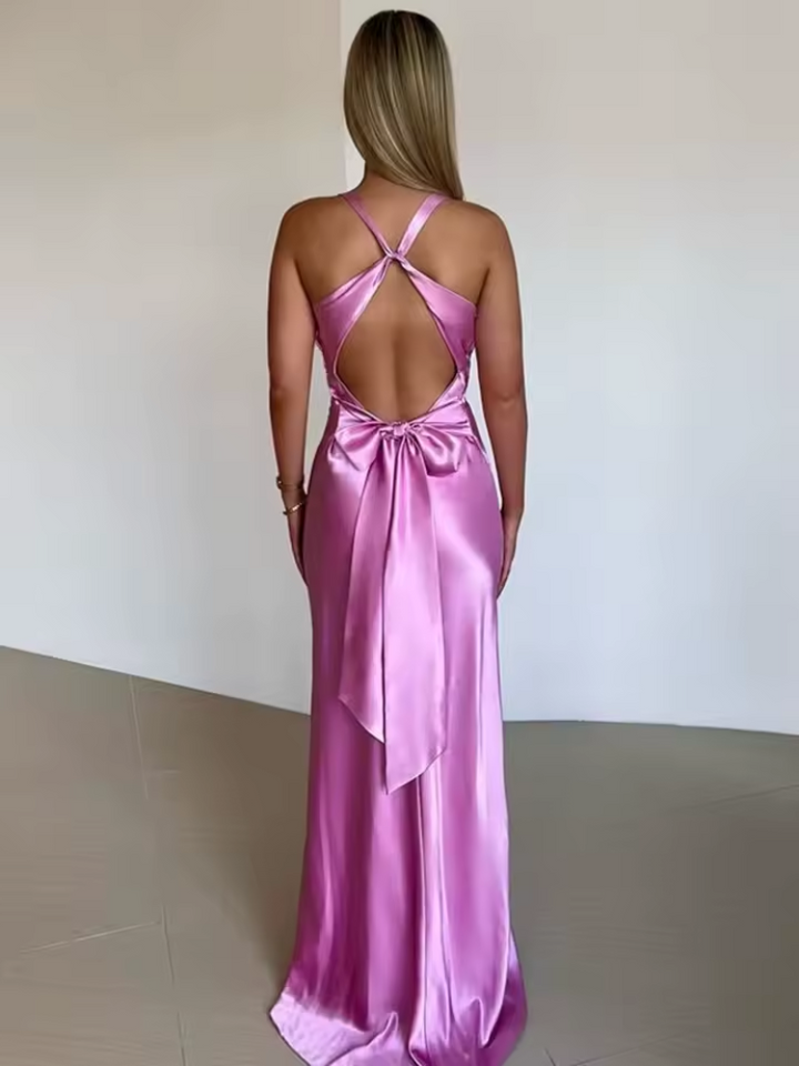 Women's sleeveless party maxi dress, flowing and elegant, available in purple, red, rose red, and yellow for special occasion