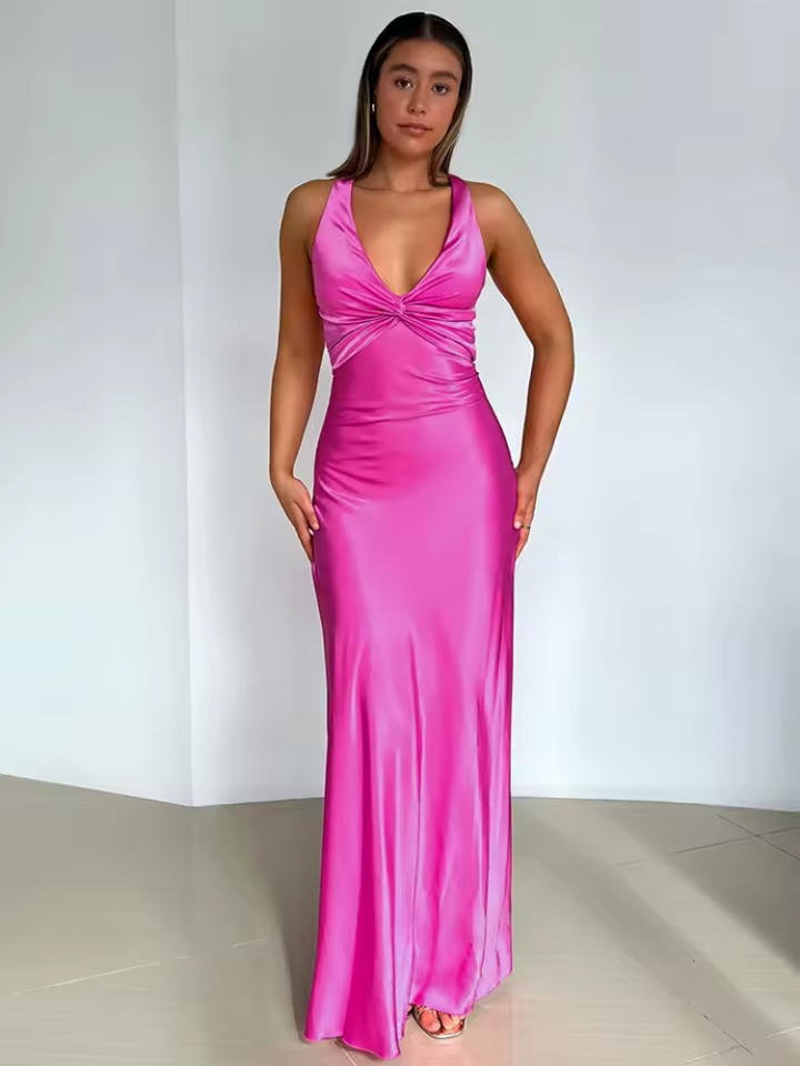 Women's sleeveless party maxi dress, flowing and elegant, available in purple, red, rose red, and yellow for special occasion