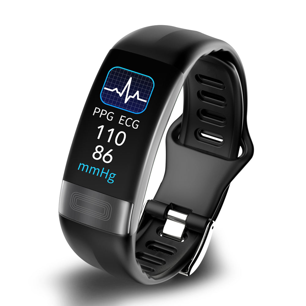 Women's smart bracelet monitors blood pressure & ECG, sleek design, silicone strap, waterproof, ideal for health tracking.