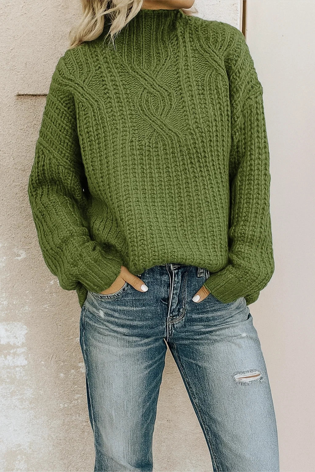 "Women's soft touch casual sweater, classic cut, round neckline, ribbed hems, available in multiple colors."