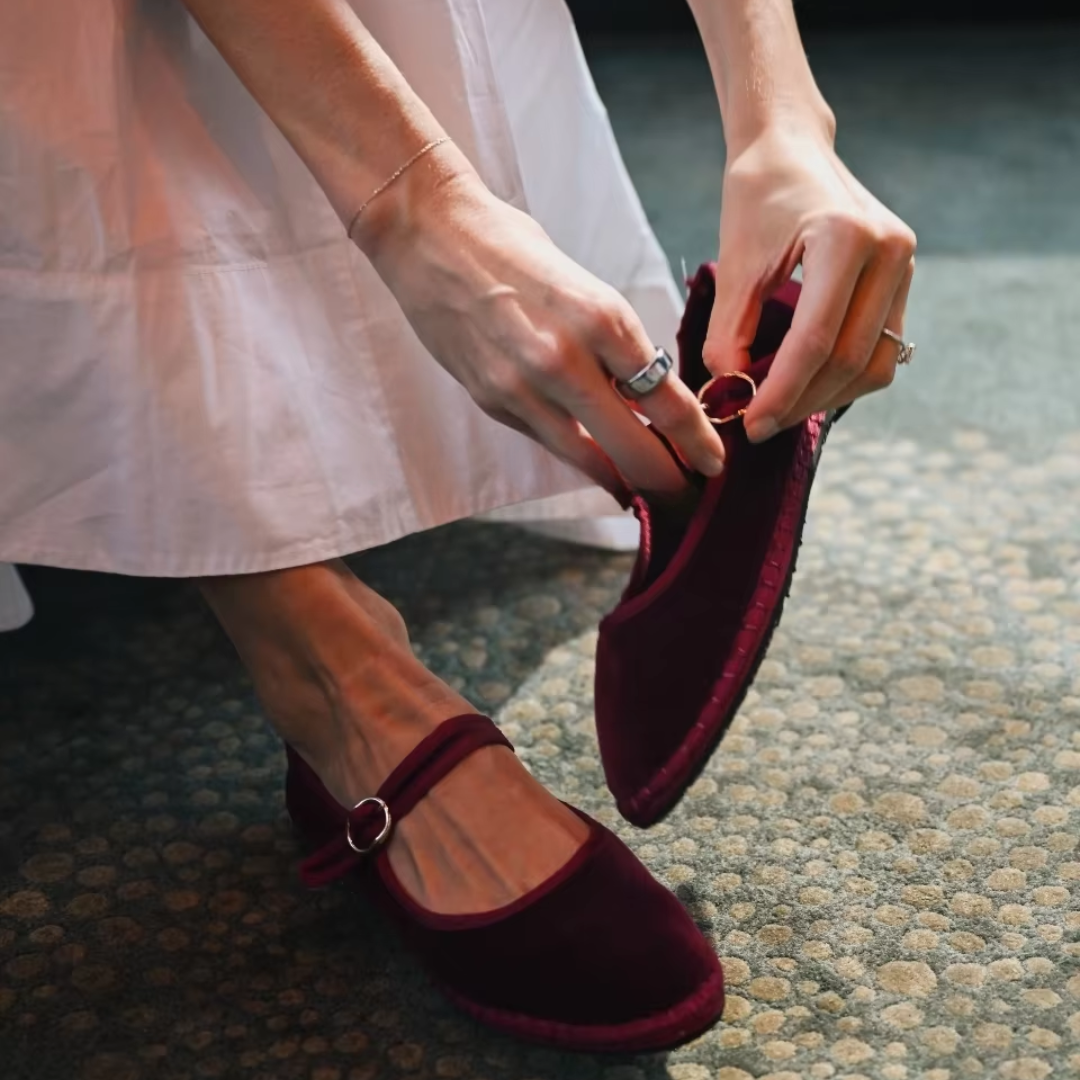 Women's velvet Mary Jane shoes with eco-friendly design, organic cotton exterior, adjustable buckle, and elegant style.