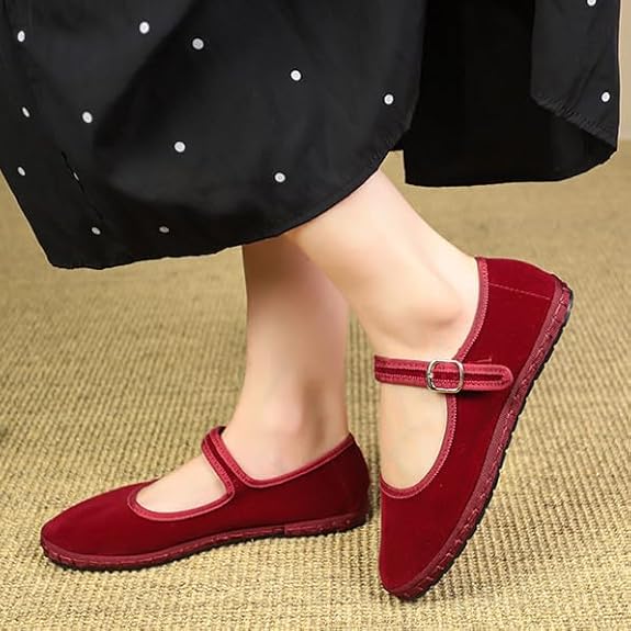 Women's velvet Mary Jane shoes with eco-friendly design, organic cotton exterior, adjustable buckle, and elegant style.