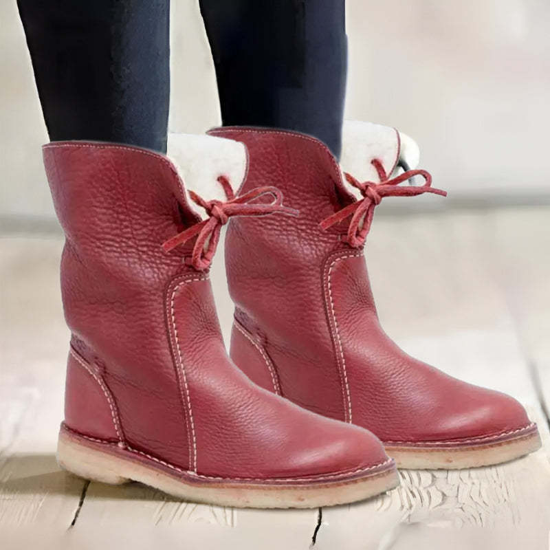 "Women's winter boots, waterproof leather with wool lining, offering style and warmth for cold weather conditions."