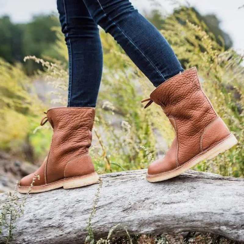 "Women's winter boots, waterproof leather with wool lining, offering style and warmth for cold weather conditions."