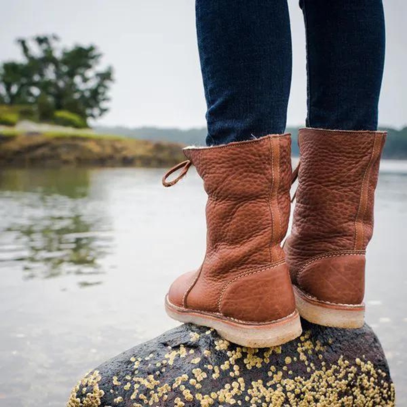 "Women's winter boots, waterproof leather with wool lining, offering style and warmth for cold weather conditions."