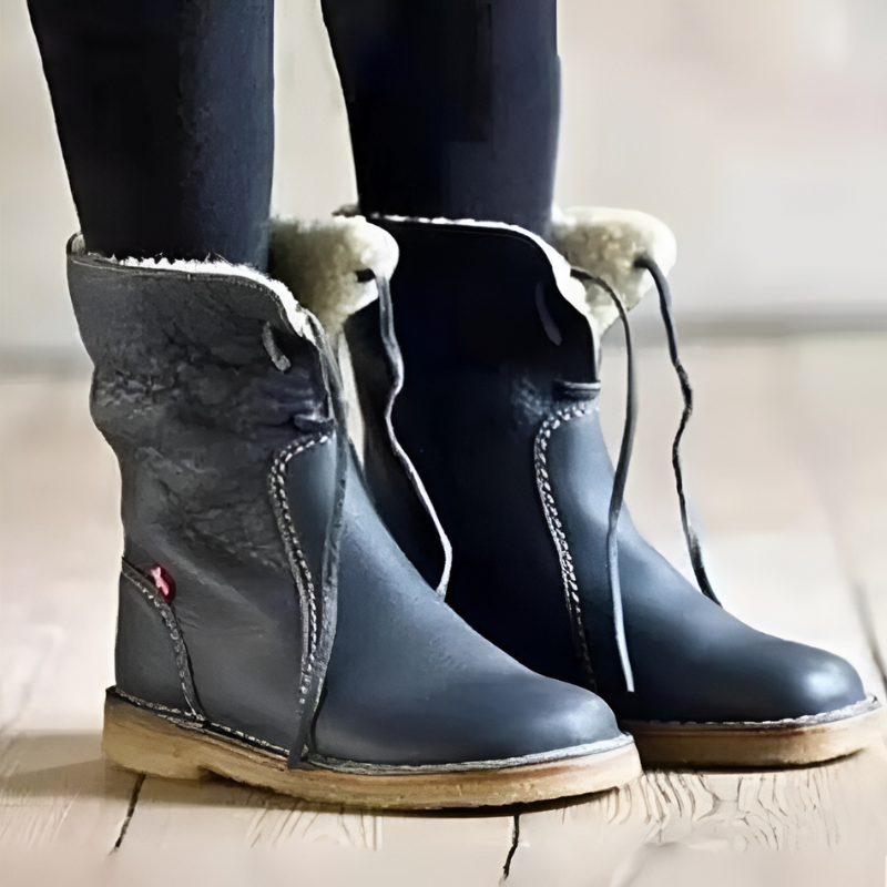 "Women's winter boots, waterproof leather with wool lining, offering style and warmth for cold weather conditions."