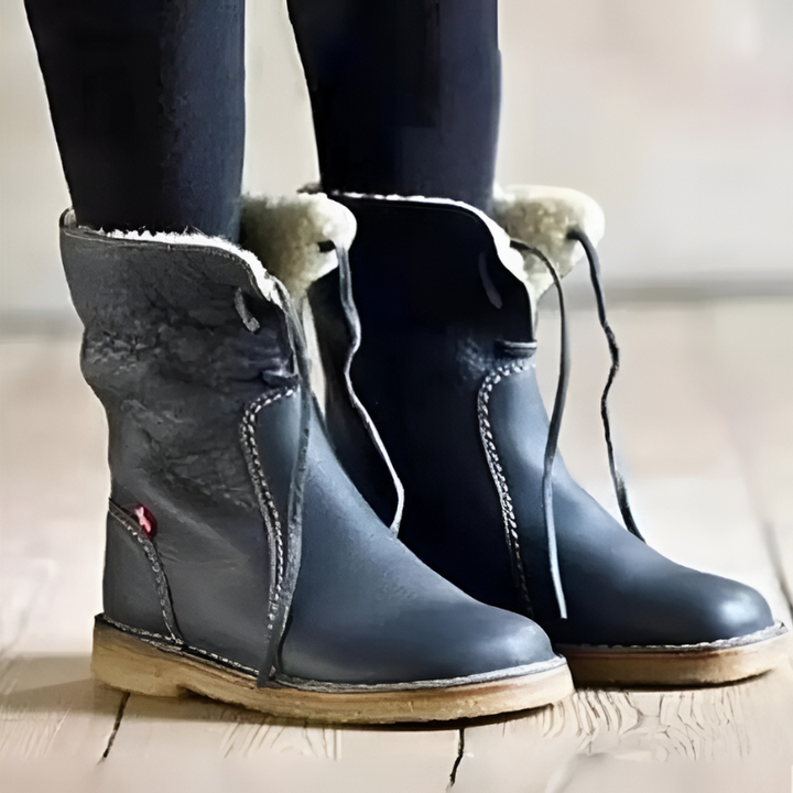 "Women's winter boots, waterproof leather with wool lining, offering style and warmth for cold weather conditions."
