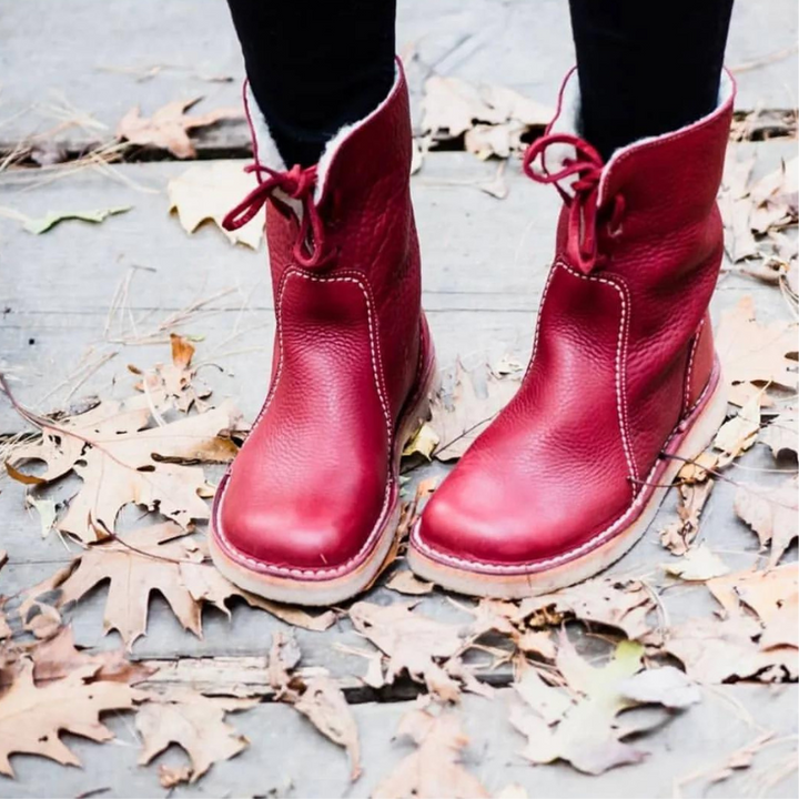 "Women's winter boots, waterproof leather with wool lining, offering style and warmth for cold weather conditions."