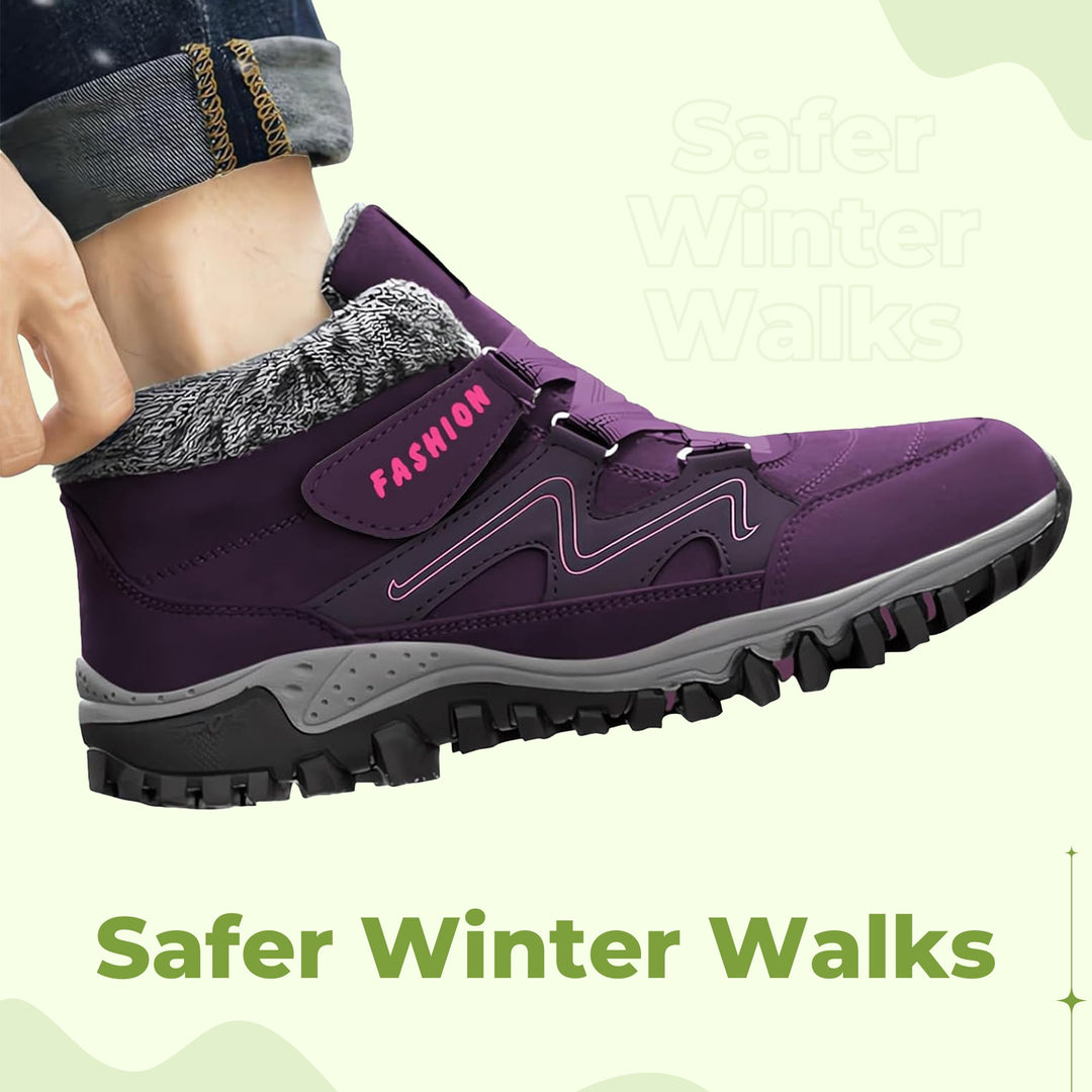 "Women's winter fur lined comfort shoes, cozy with durable sole, perfect for outdoor walking and trekking in cold months."