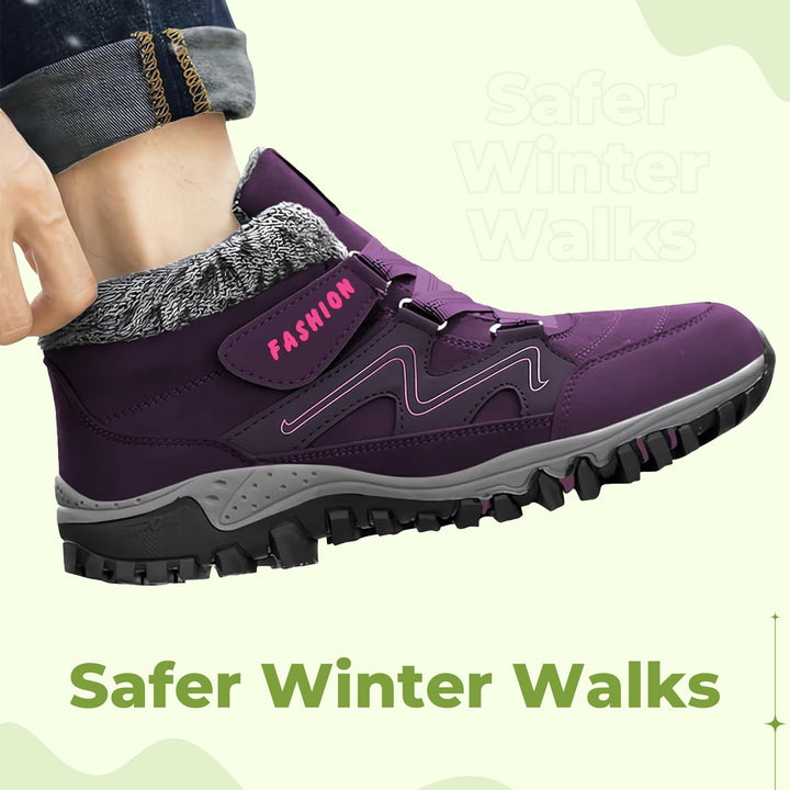 "Women's winter fur lined comfort shoes, cozy with durable sole, perfect for outdoor walking and trekking in cold months."