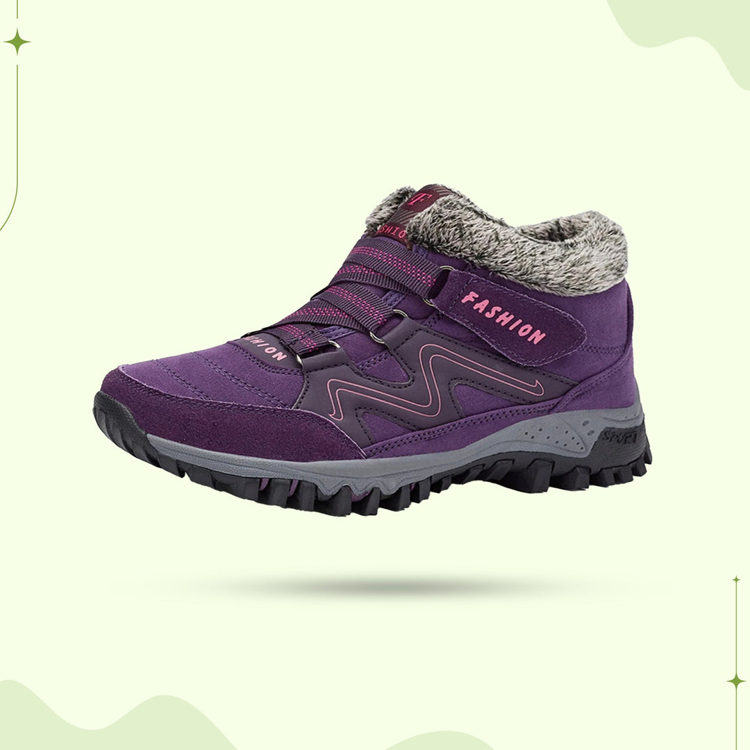 "Women's winter fur lined comfort shoes, cozy with durable sole, perfect for outdoor walking and trekking in cold months."
