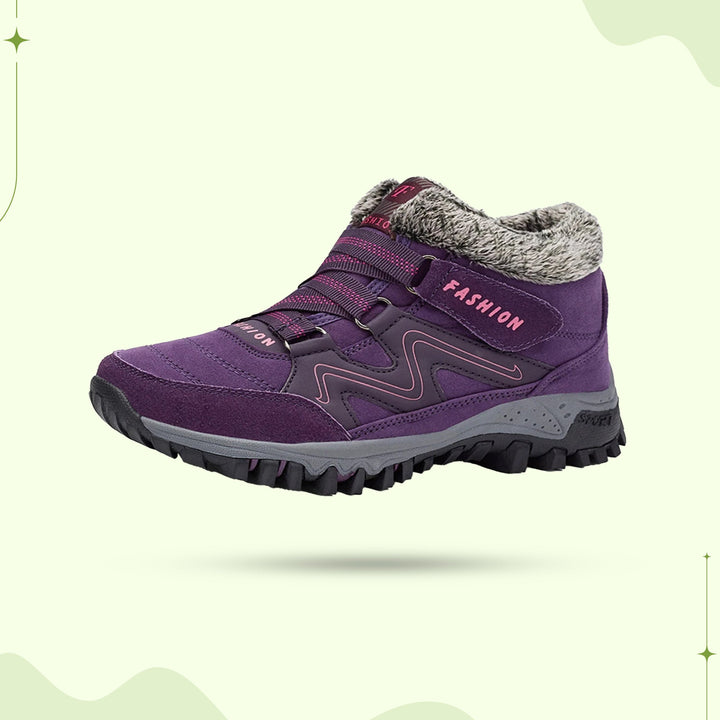 "Women's winter fur lined comfort shoes, cozy with durable sole, perfect for outdoor walking and trekking in cold months."