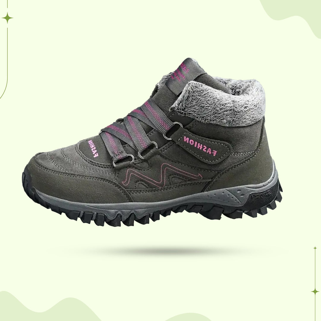 "Women's winter fur lined comfort shoes, cozy with durable sole, perfect for outdoor walking and trekking in cold months."