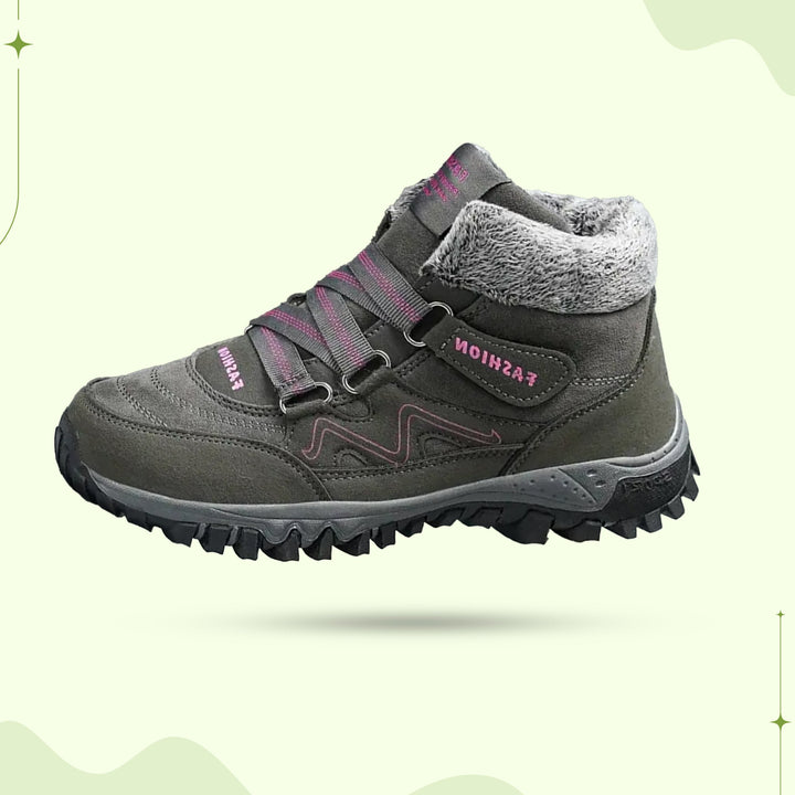 "Women's winter fur lined comfort shoes, cozy with durable sole, perfect for outdoor walking and trekking in cold months."
