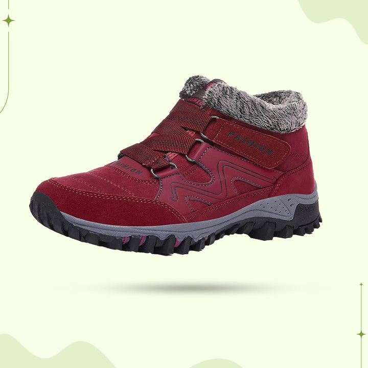 "Women's winter fur lined comfort shoes, cozy with durable sole, perfect for outdoor walking and trekking in cold months."