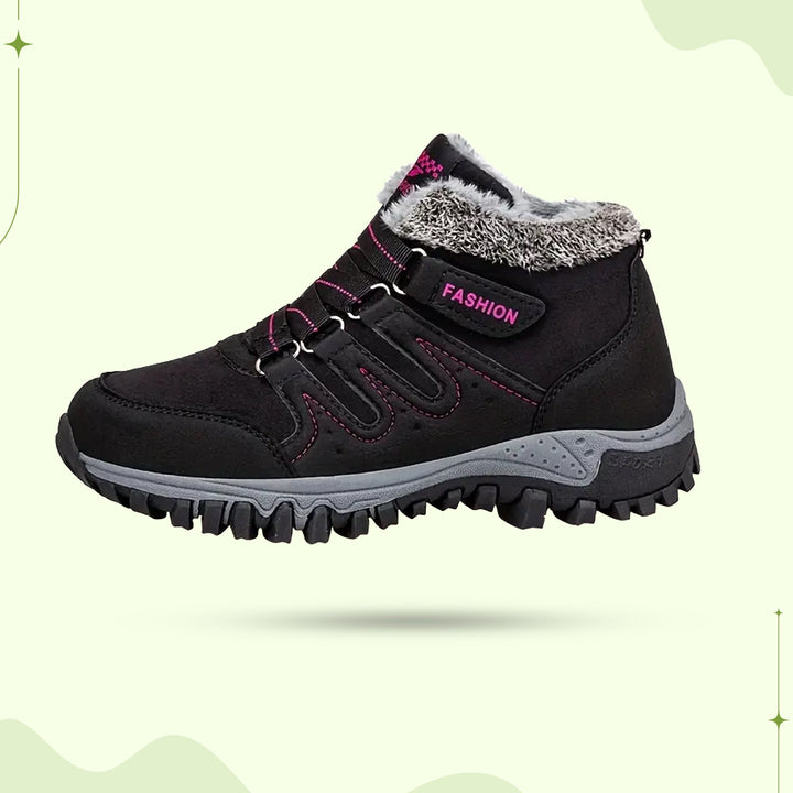 "Women's winter fur lined comfort shoes, cozy with durable sole, perfect for outdoor walking and trekking in cold months."