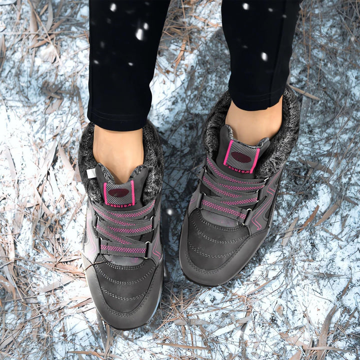 "Women's winter fur lined comfort shoes, cozy with durable sole, perfect for outdoor walking and trekking in cold months."