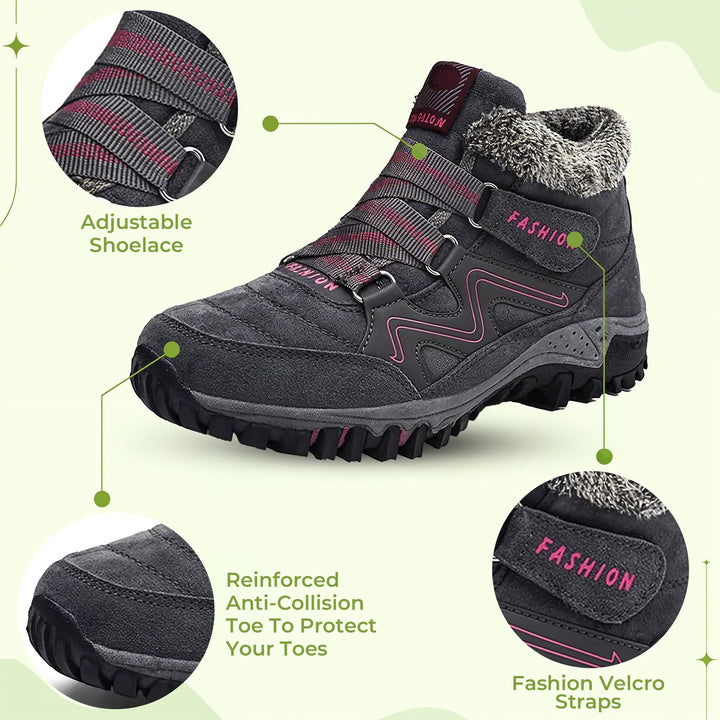 "Women's winter fur lined comfort shoes, cozy with durable sole, perfect for outdoor walking and trekking in cold months."