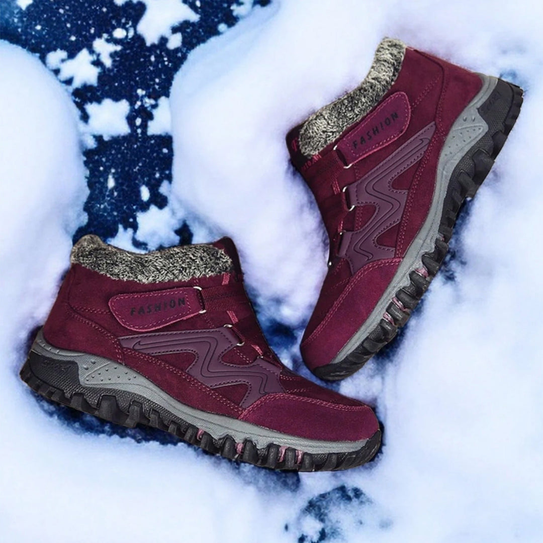 "Women's winter fur lined comfort shoes, cozy with durable sole, perfect for outdoor walking and trekking in cold months."