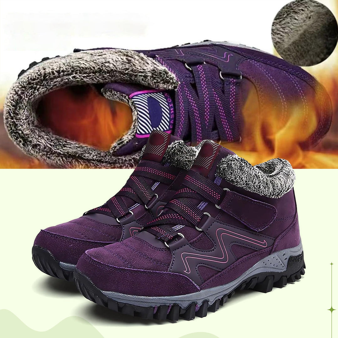 "Women's winter fur lined comfort shoes, cozy with durable sole, perfect for outdoor walking and trekking in cold months."