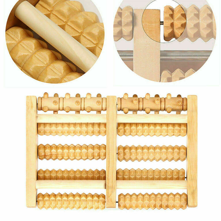 Wooden 5 Roller Foot Massager for pain relief, featuring smooth wooden rollers for acupressure and blood circulation improvem