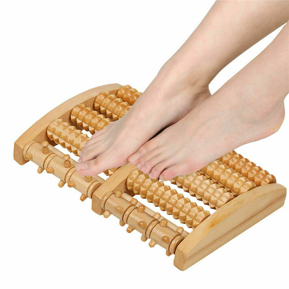 Wooden 5 Roller Foot Massager for pain relief, featuring smooth wooden rollers for acupressure and blood circulation improvem