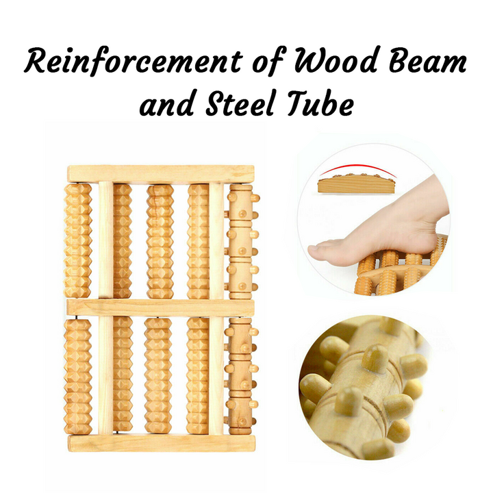 Wooden 5 Roller Foot Massager for pain relief, featuring smooth wooden rollers for acupressure and blood circulation improvem
