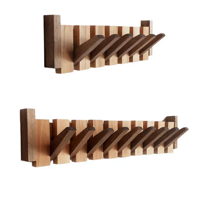 "Wooden Piano Coat Rack with 4 walnut and beech wood hooks, elegant design, ideal for home decoration and organization."