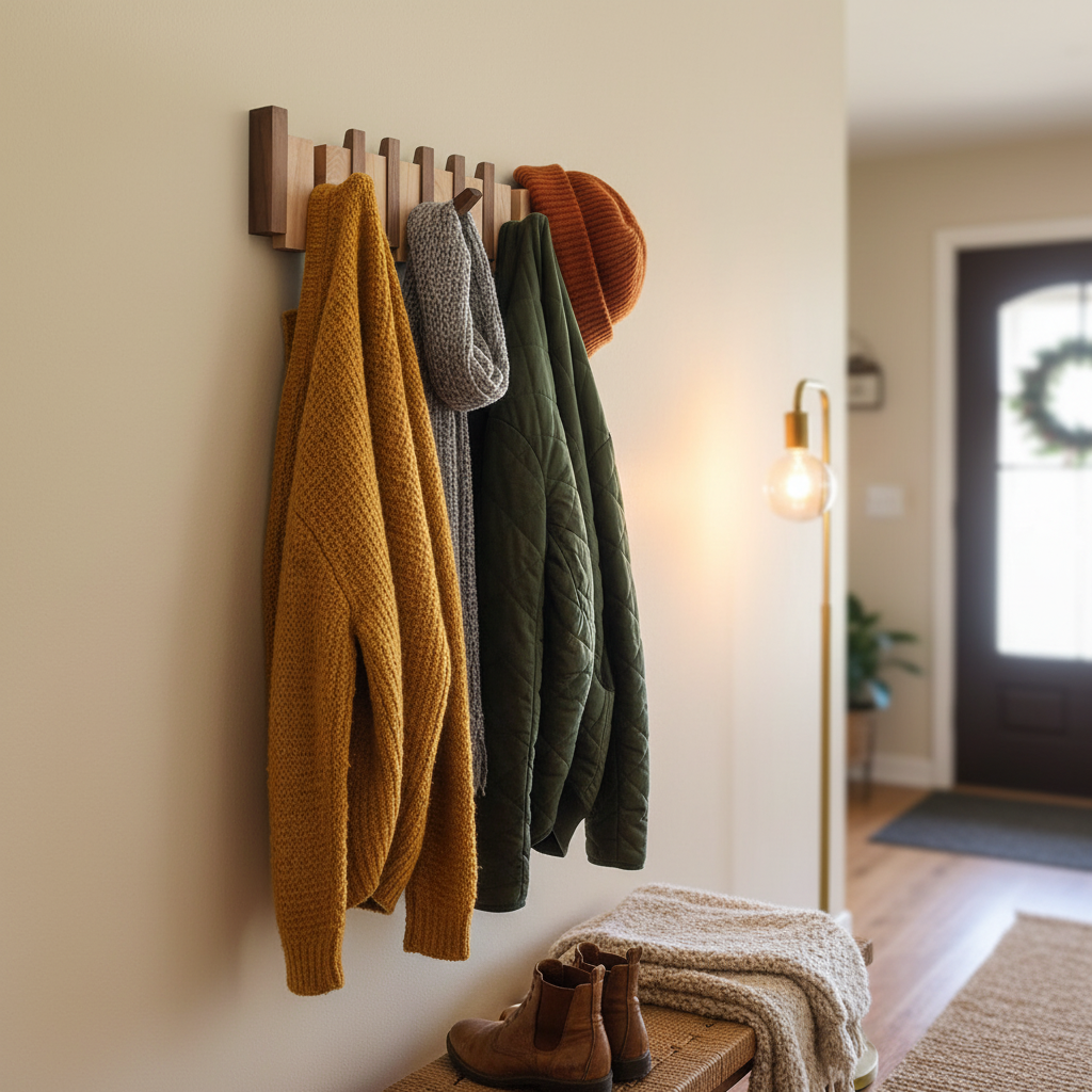 "Wooden piano coat rack with elegant piano-key design, made from beech and walnut wood, stylish home decor and organizer."