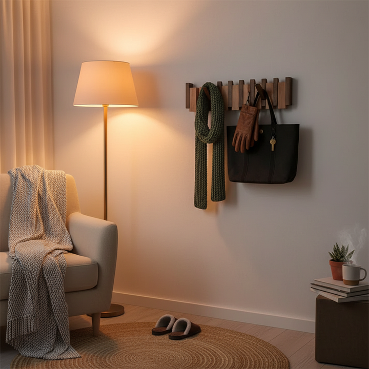 "Wooden piano coat rack with elegant piano-key design, made from beech and walnut wood, stylish home decor and organizer."