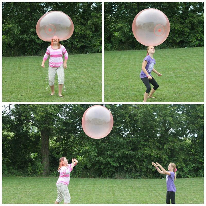 Unisex giant bubble ball toy, deflated and neatly folded, with a small pump beside it.