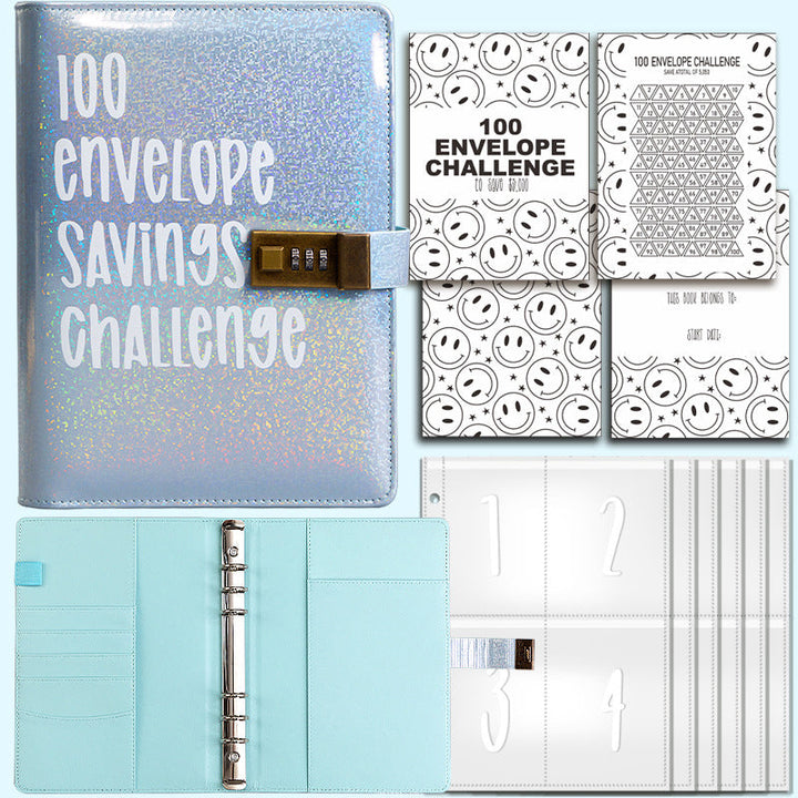 Close-up on the '100 Envelope Challenge' tracker included in the A5 budget binder kit for savings.