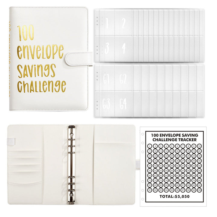 Different color options of the A5 budget planner binder showcased, each with the envelope challenge.