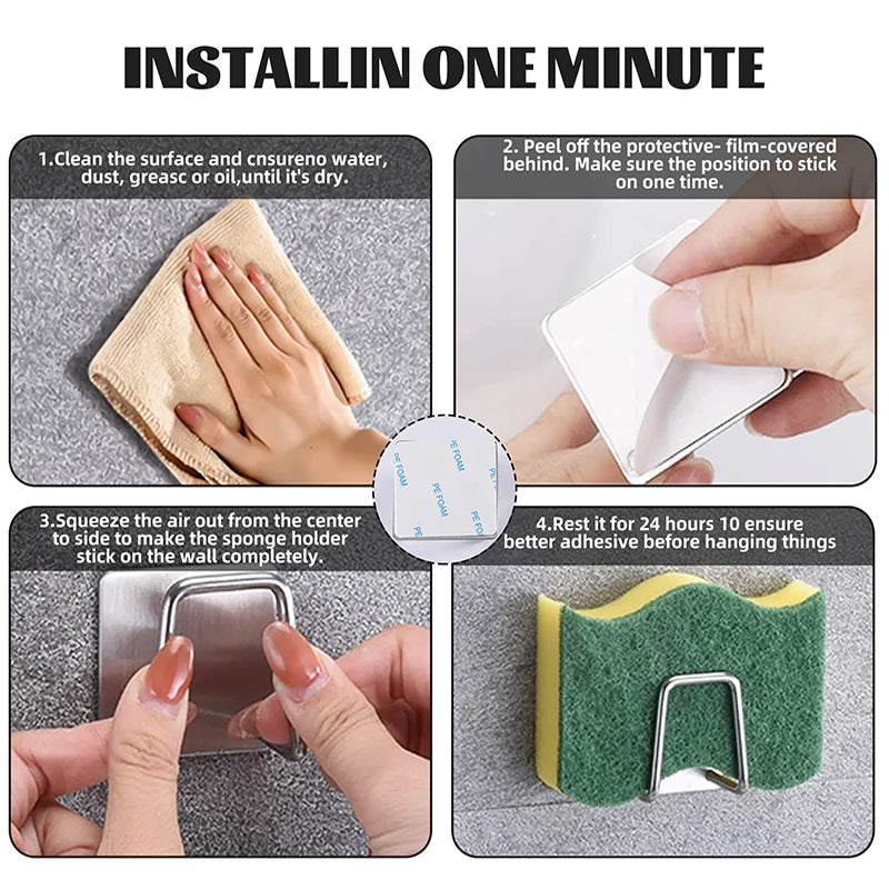 Compact stainless steel sink caddy for sponges, featuring adhesive installation for home organization