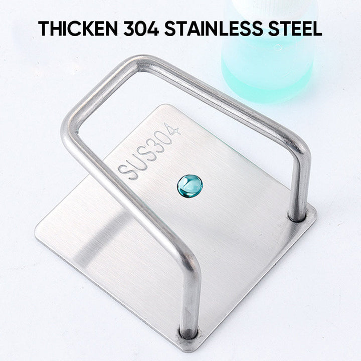 Close-up of sleek stainless steel sponge holder with strong adhesive backing for kitchen sink