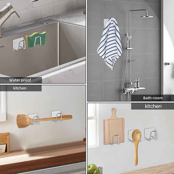 Multiple adhesive stainless steel sponge holders arranged, highlighting their compact kitchen storage