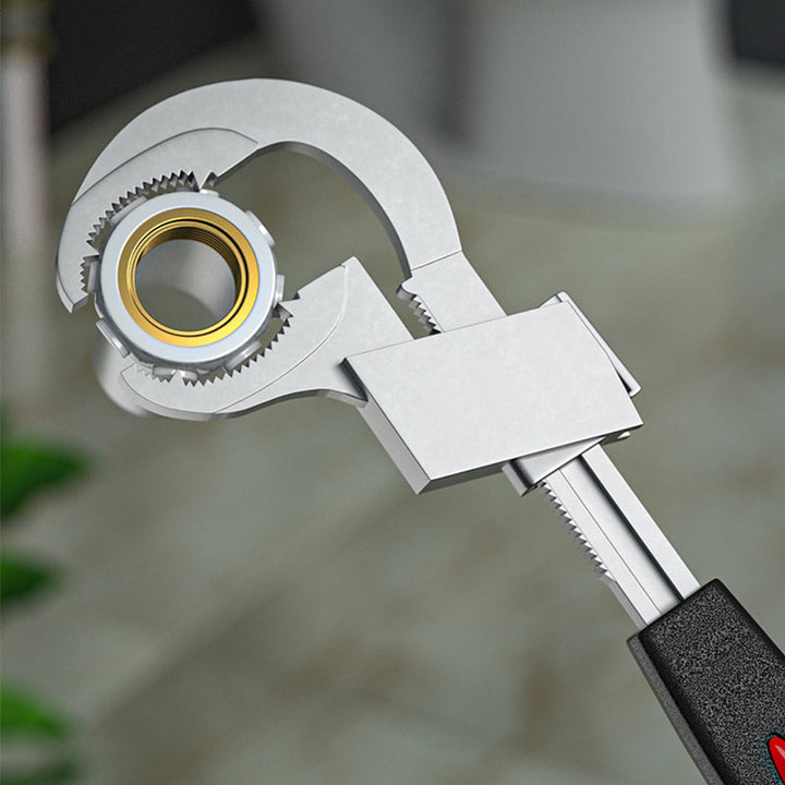 Aluminum alloy adjustable wrench designed for faucet and pipe repair in bathrooms.