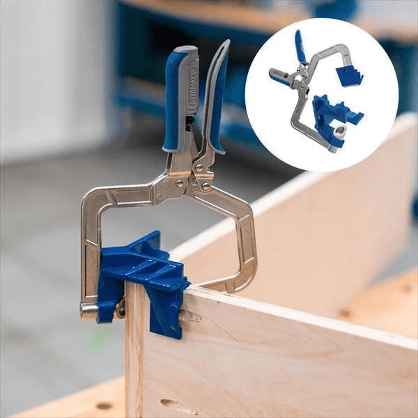 Adjustable corner clamp for woodworking projects, securing two wood pieces at 90 degrees for assembly