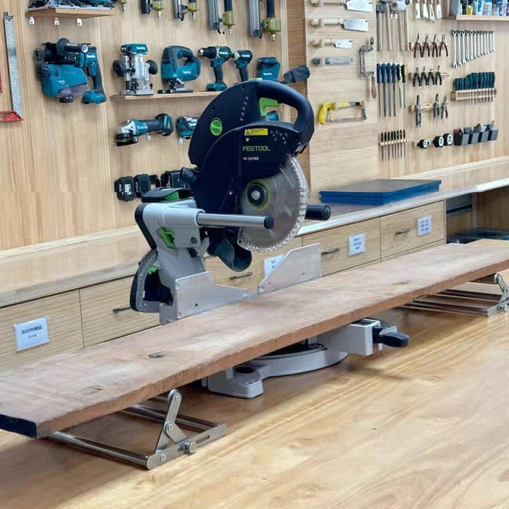 Robust adjustable support stand helping to stabilize long workpieces during cutting