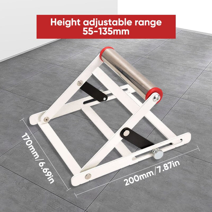 Close-up of adjustable cutting machine support stand's roller for smooth material feeding