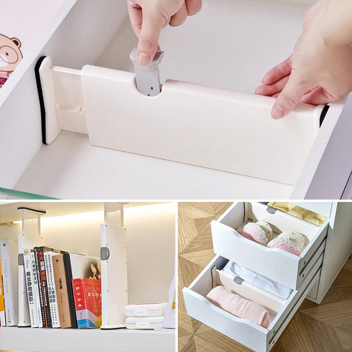 Flexible and expandable drawer dividers in a deep kitchen drawer, organizing pots and pan lids