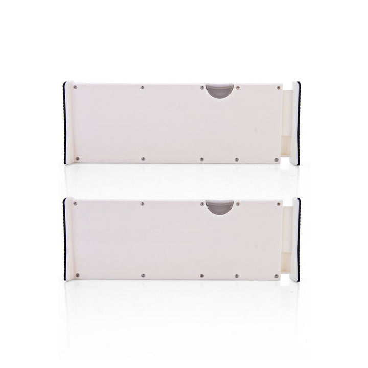 Durable plastic adjustable drawer organizers, shown in a clean, modern kitchen drawer setting