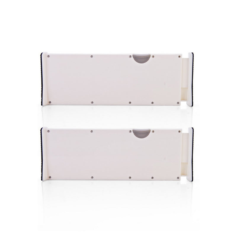 A set of adjustable white drawer dividers, displayed out of a drawer emphasizing their expandability