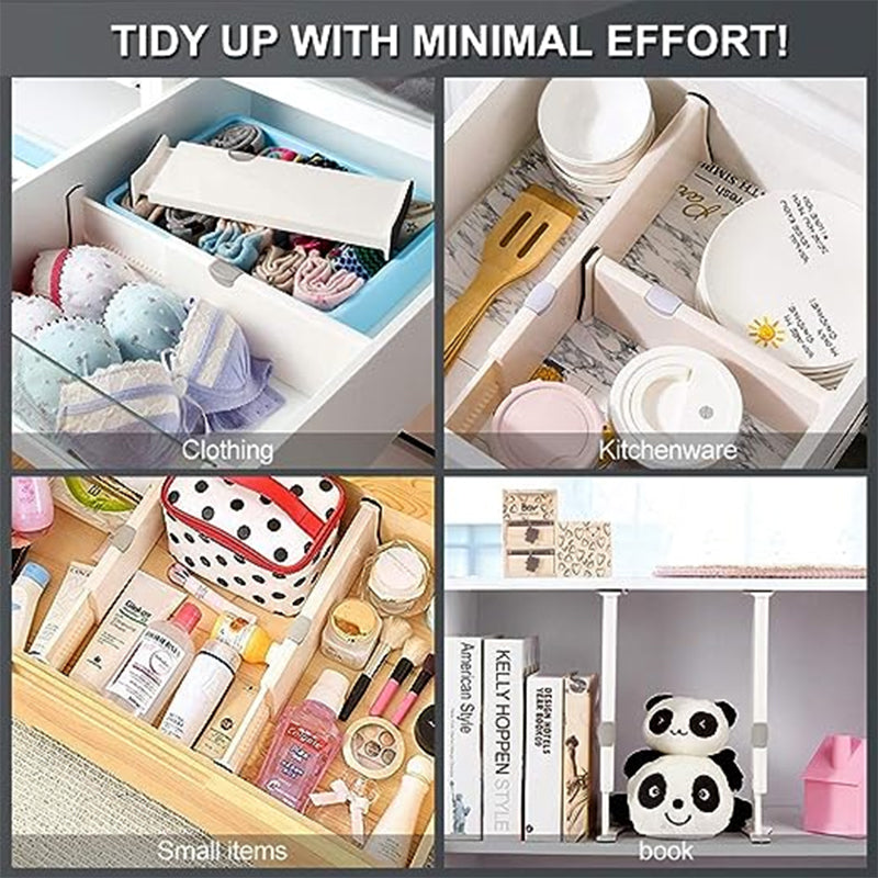 Drawer organizer dividers neatly separating clothes in a bedroom dresser, adjustable and practical