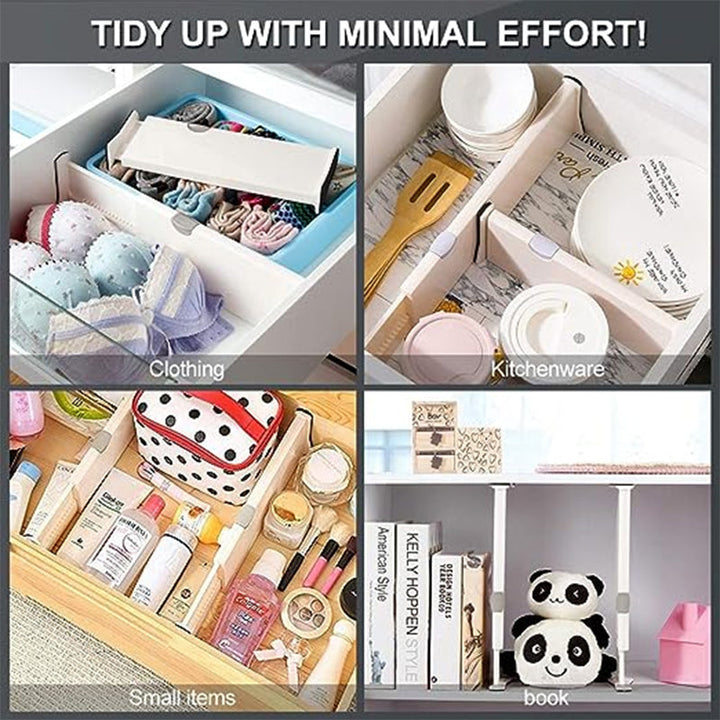 Drawer organizer dividers neatly separating clothes in a bedroom dresser, adjustable and practical