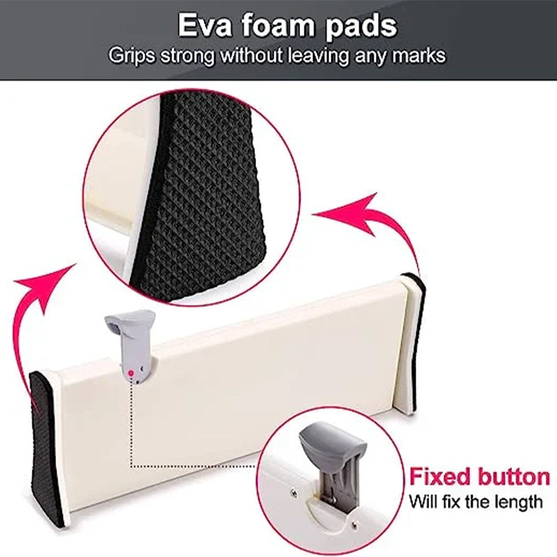 Expandable drawer dividers creating compartments for socks and undergarments in a dresser drawer