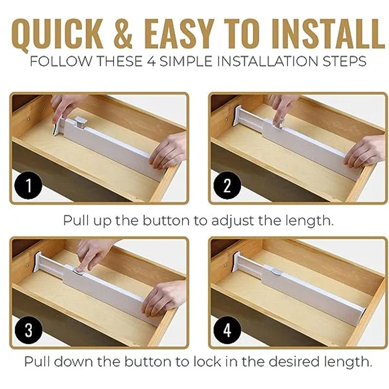 Before & after: cluttered drawer transformed with adjustable drawer organizer dividers, clear storage