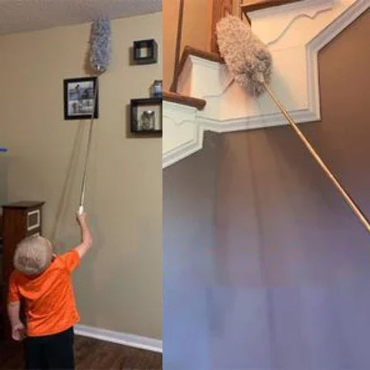 Durable extendable duster pole made from stainless steel, with a washable microfiber attachment.