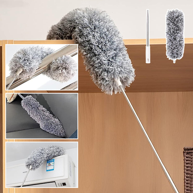 Duster with an adjustable angle microfiber head, allowing for thorough cleaning in tight spaces.